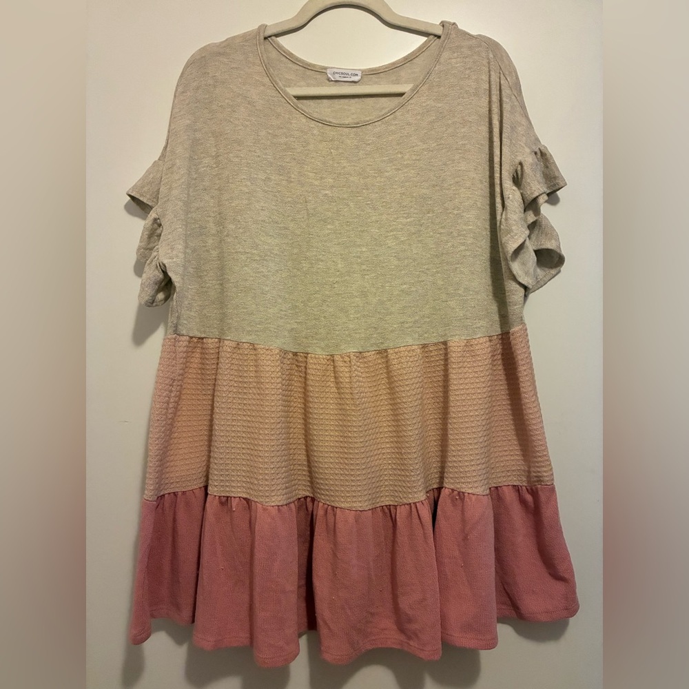 Chic Soul Casual Tiered Ruffle-Sleeve Top in Beige and Pink